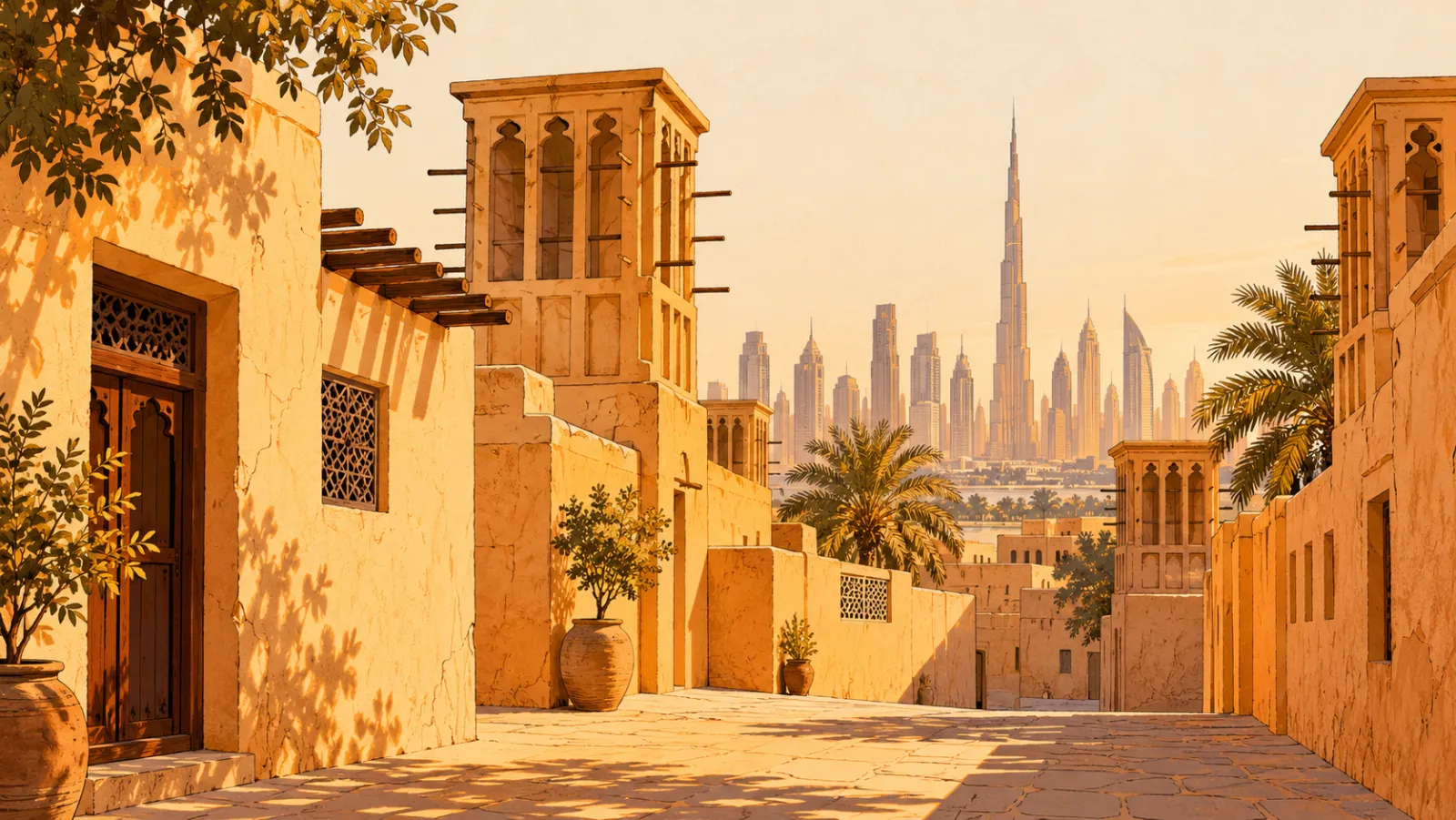 A sunlit lane in old Dubai with traditional wind towers and the modern skyline in the distance