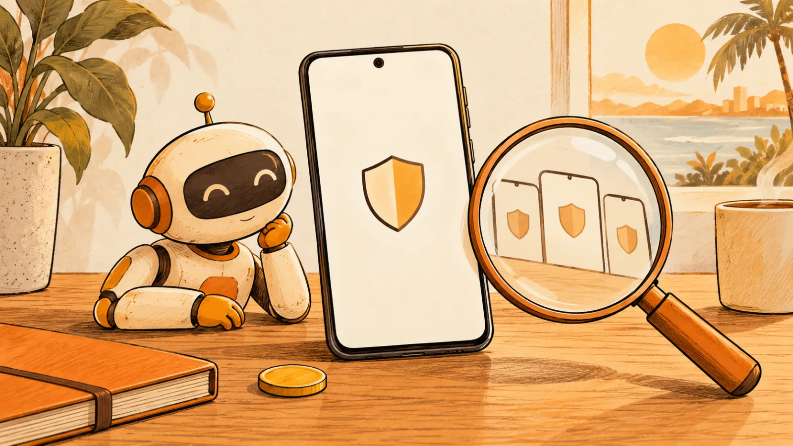 A friendly robot beside a smartphone showing a shield, with a magnifying glass over three smaller phones