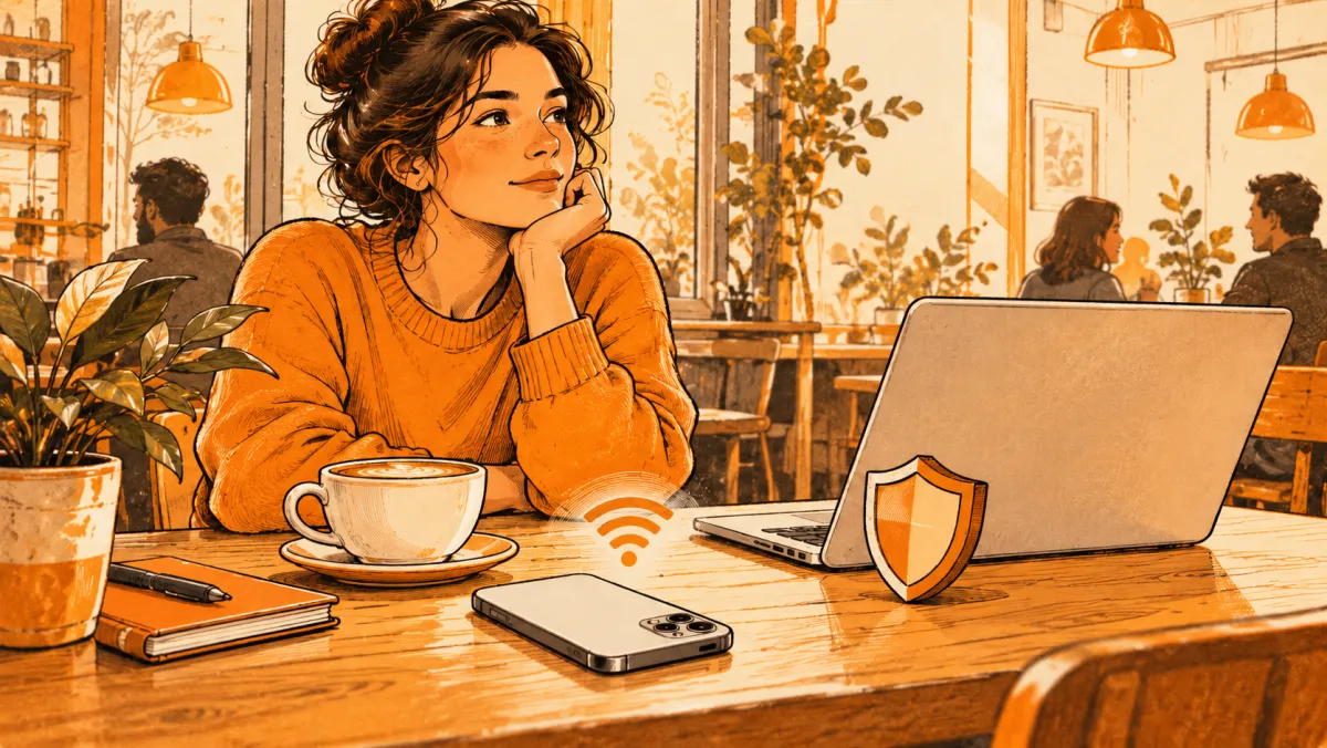 A person at a café table with a laptop and phone