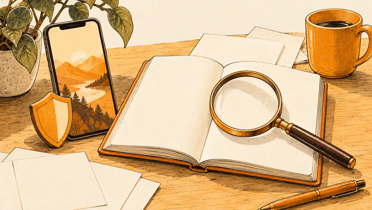 A phone and magnifying glass beside an open notebook