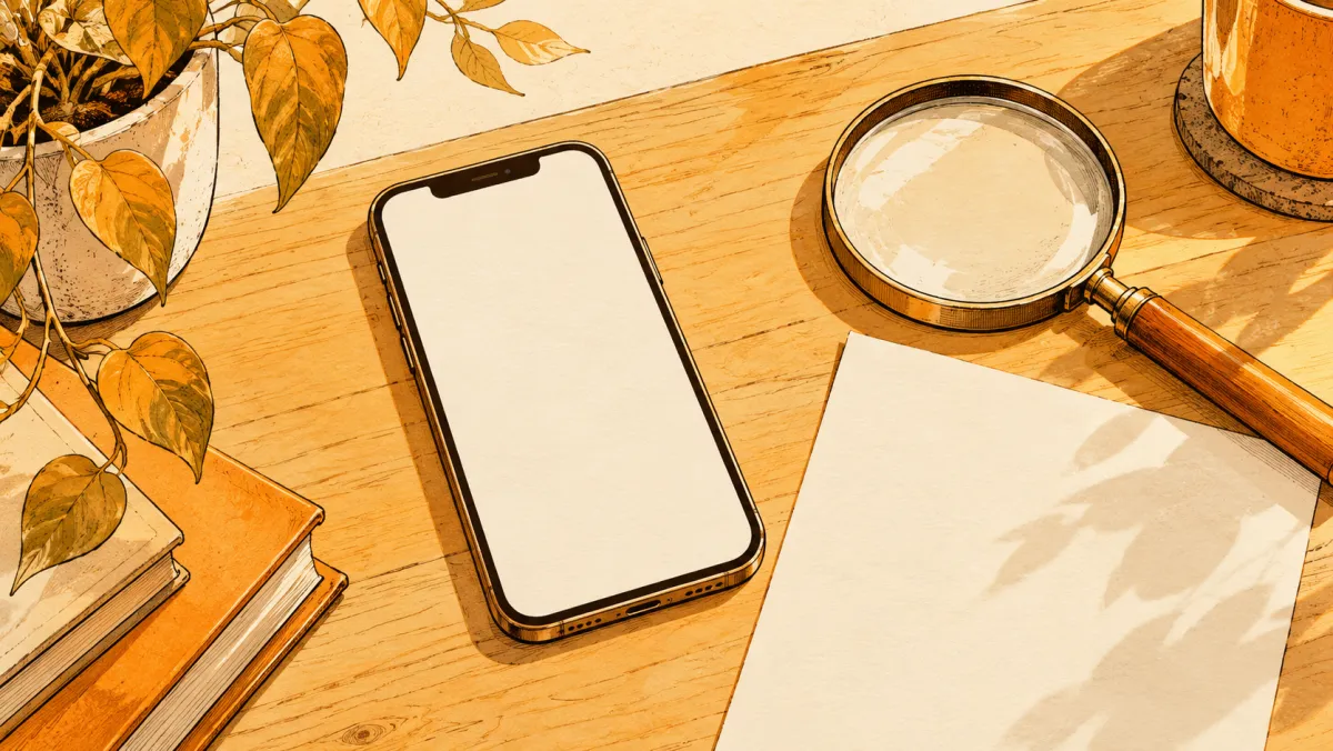 A phone and magnifying glass on a table