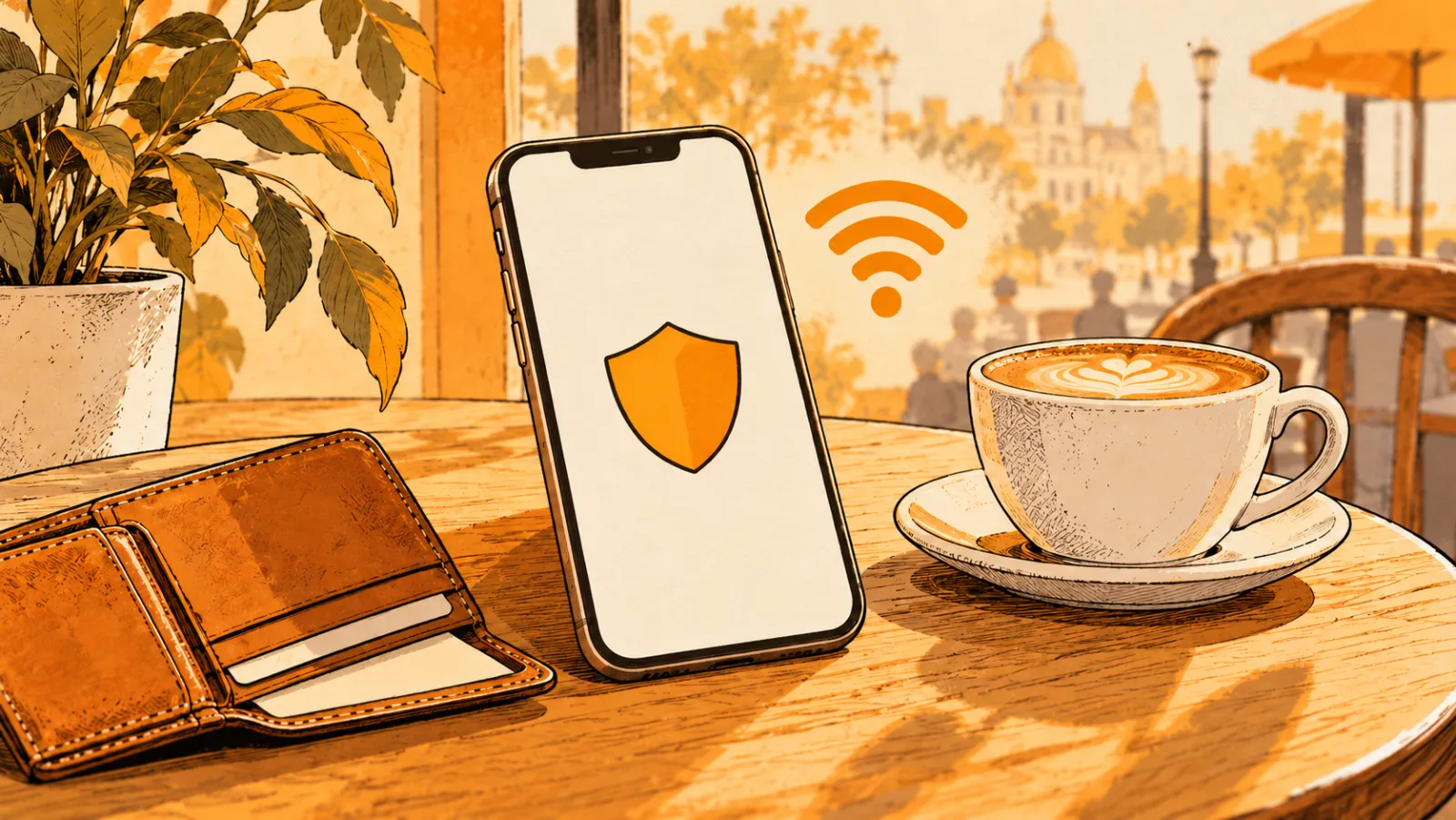 An iPhone showing a shield on a café table next to a cappuccino, a wallet and a Wi-Fi symbol