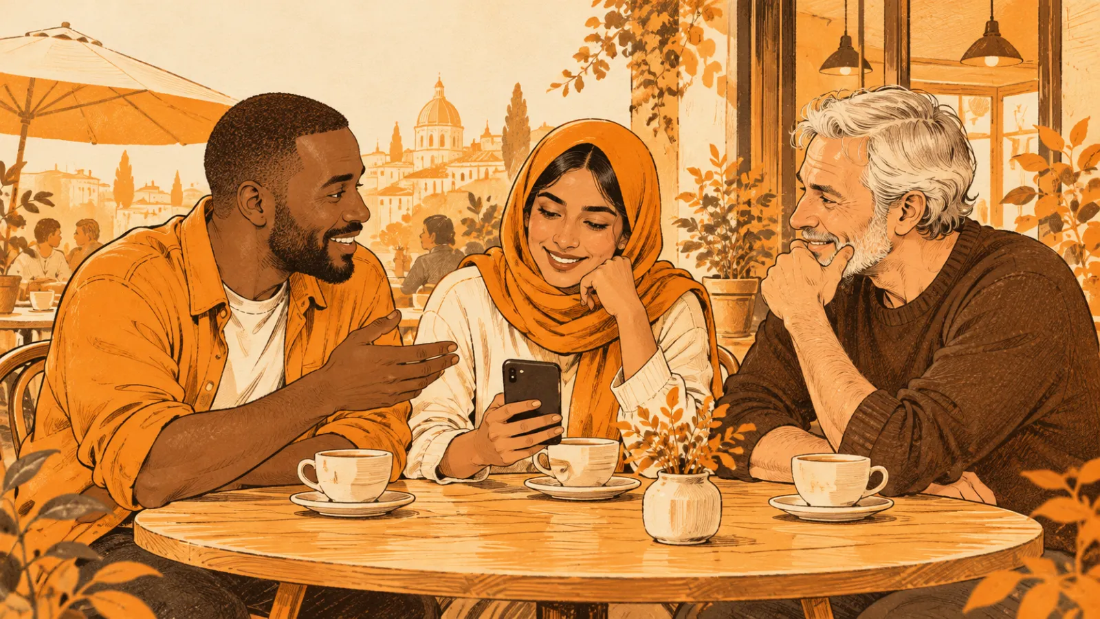 Three friends chatting over coffee at a café table while one shows her phone