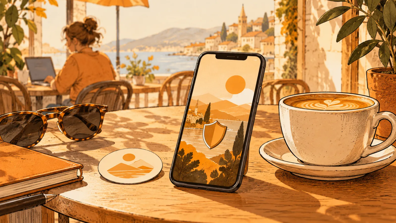 A phone showing a shield on a seaside café table next to a latte and sunglasses