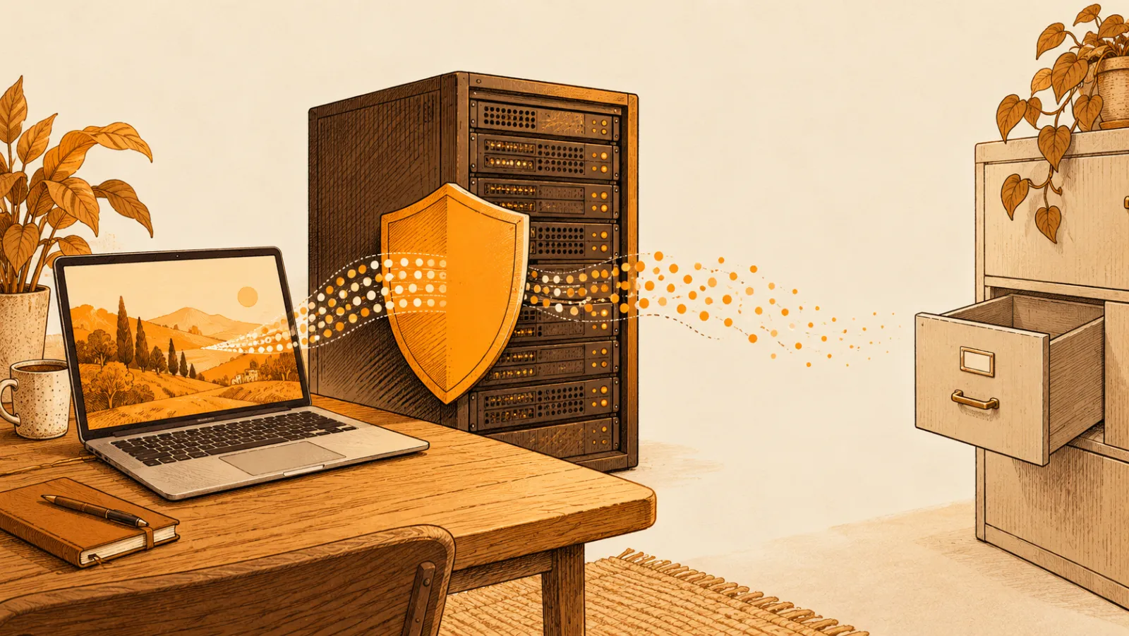 Laptop mengirim data melalui perisai pada server menuju laci lemari arsip yang kosong