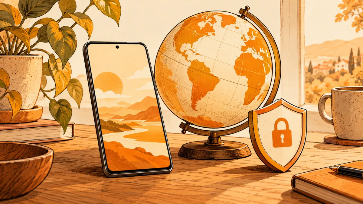 A phone, shield and globe