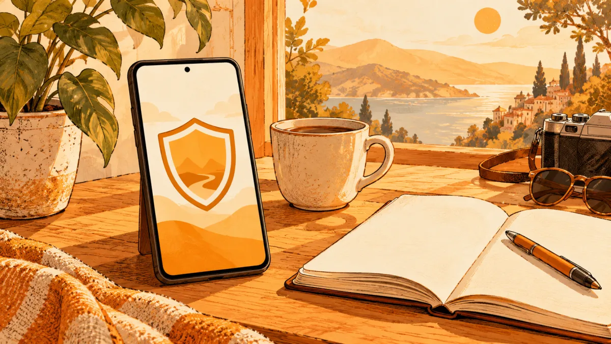 A phone and shield on a desk