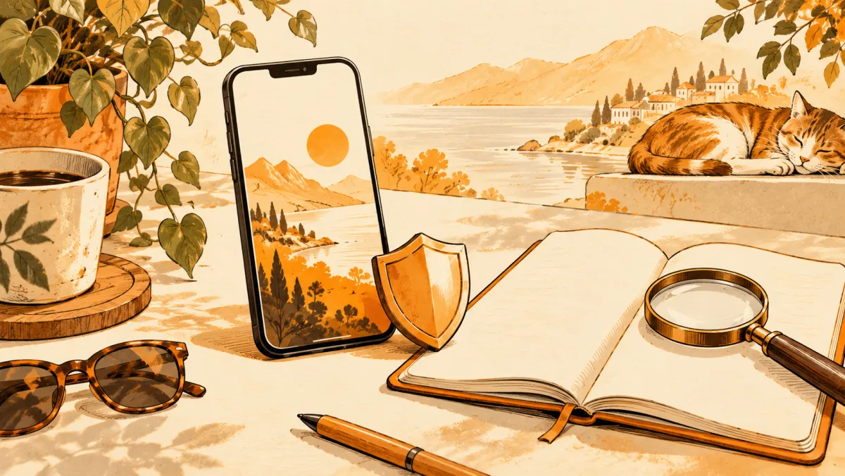 A phone, shield and magnifying glass