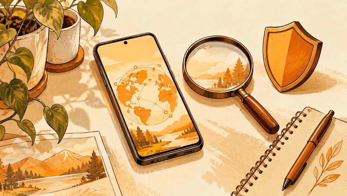 A phone, shield and magnifying glass