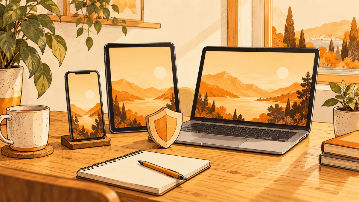 A phone, tablet and laptop on a desk