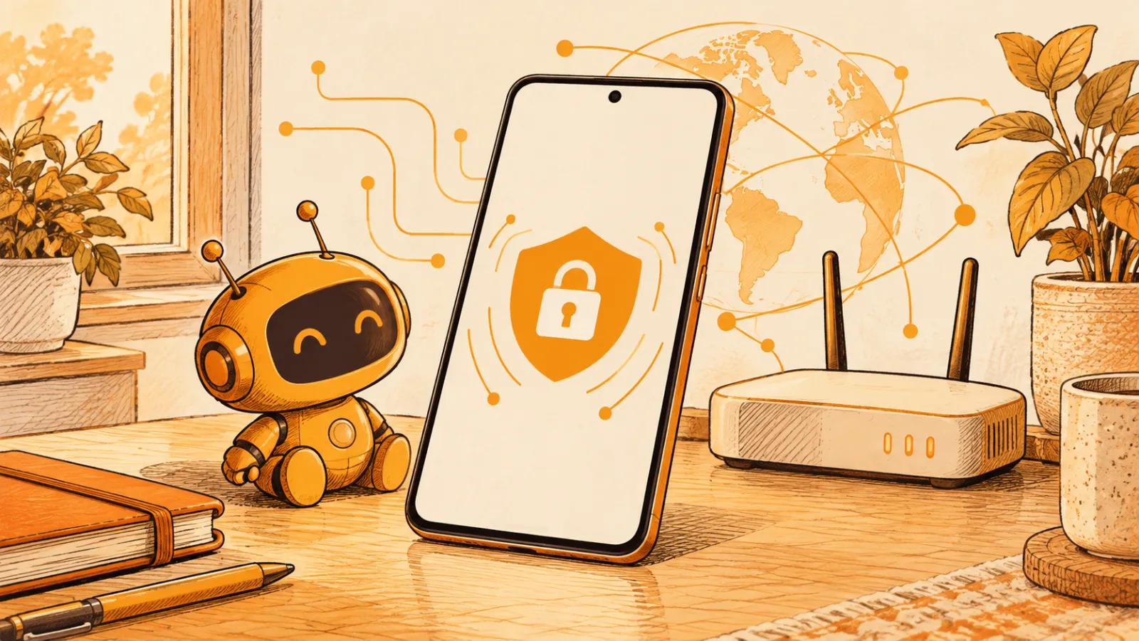 Маленький робот рядом с телефоном со щитом и замком, позади роутер и карта мира