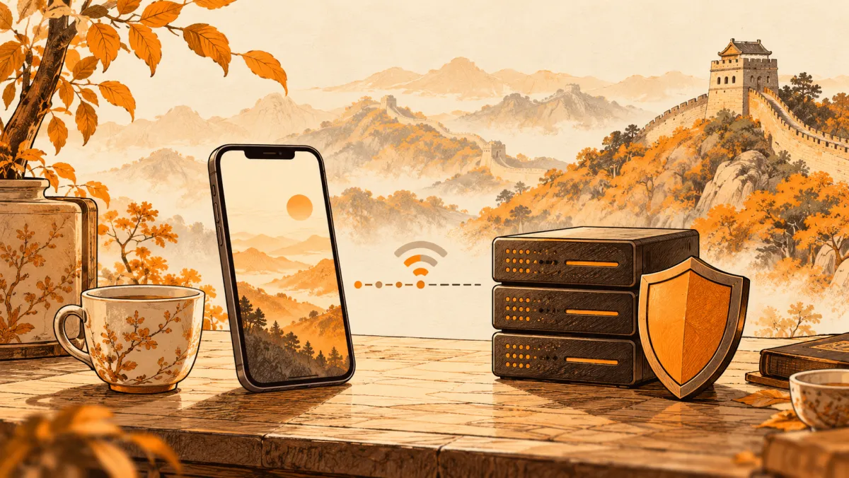 A phone and server beside a shield