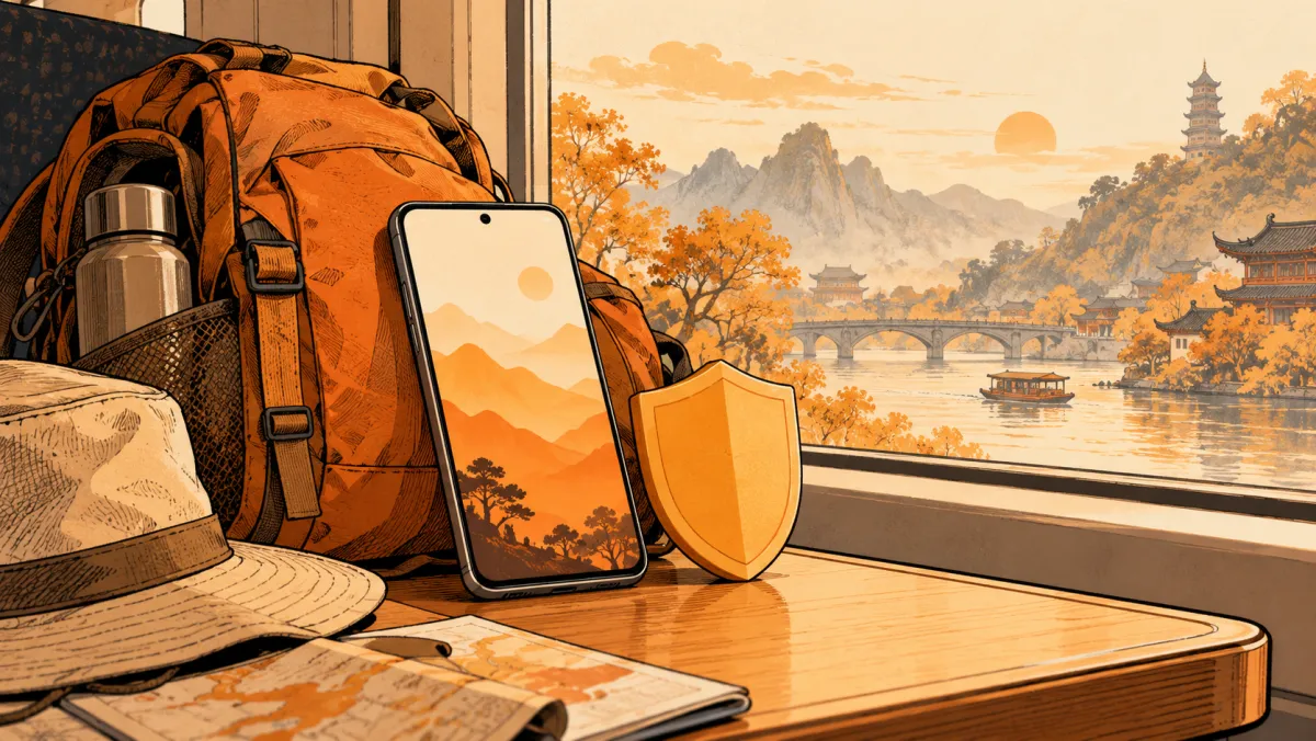 A phone and shield beside a travel bag