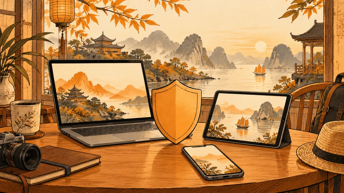 A laptop, tablet and phone beside a shield