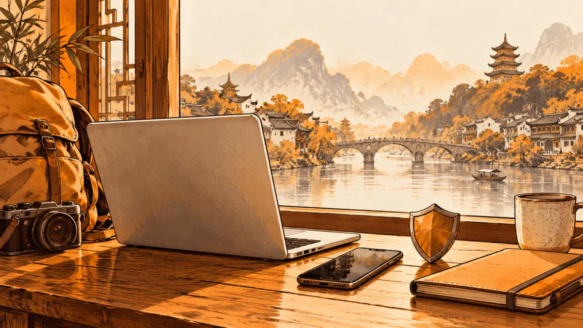 A laptop and phone beside a shield