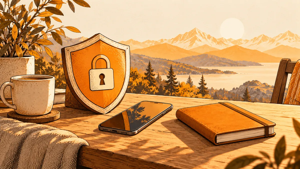 A phone and shield beside a notebook