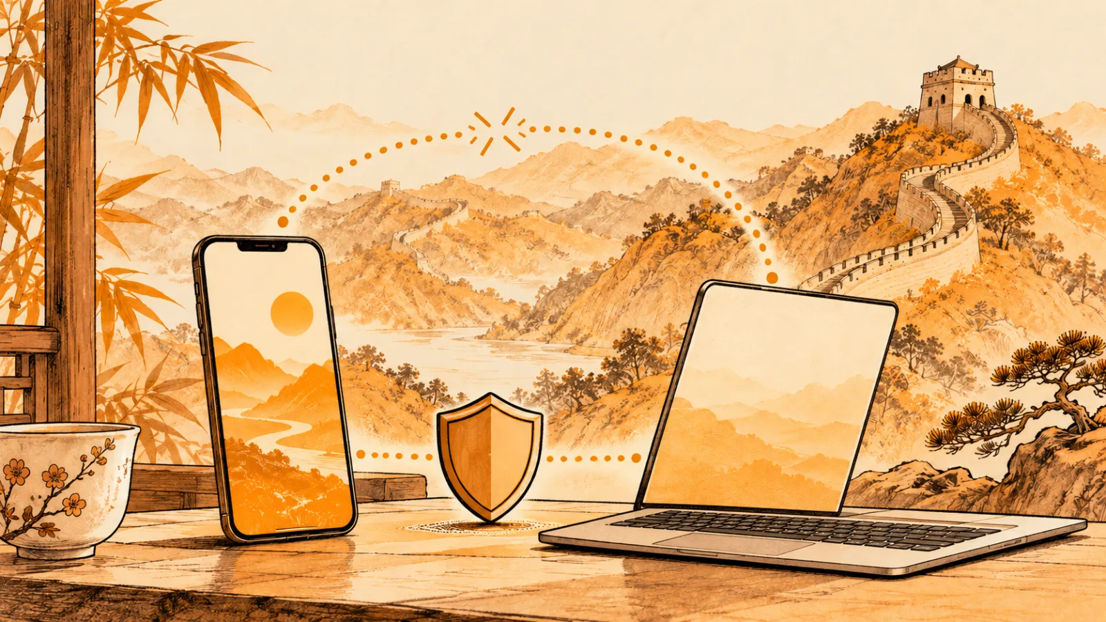 A phone, a shield and a laptop on a table, with the Great Wall winding over the hills outside