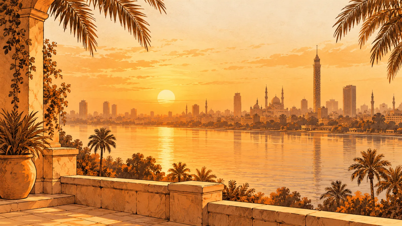 Sunset over the Nile and the Cairo skyline, seen from a terrace with palm trees