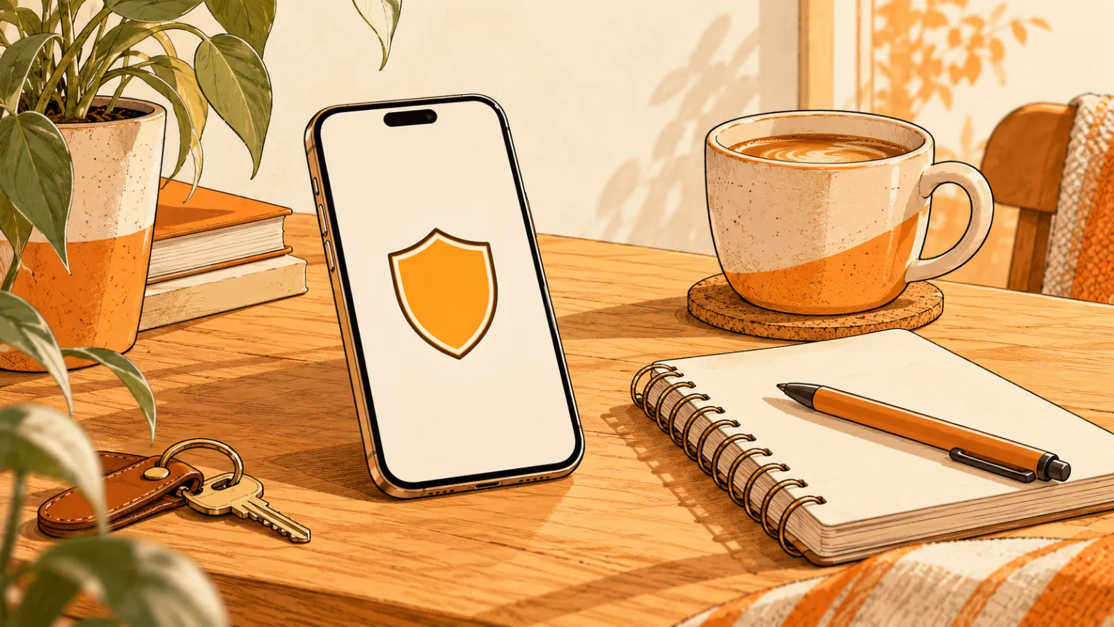 iPhone со щитом на экране на столе рядом с блокнотом, ключами и чашкой кофе