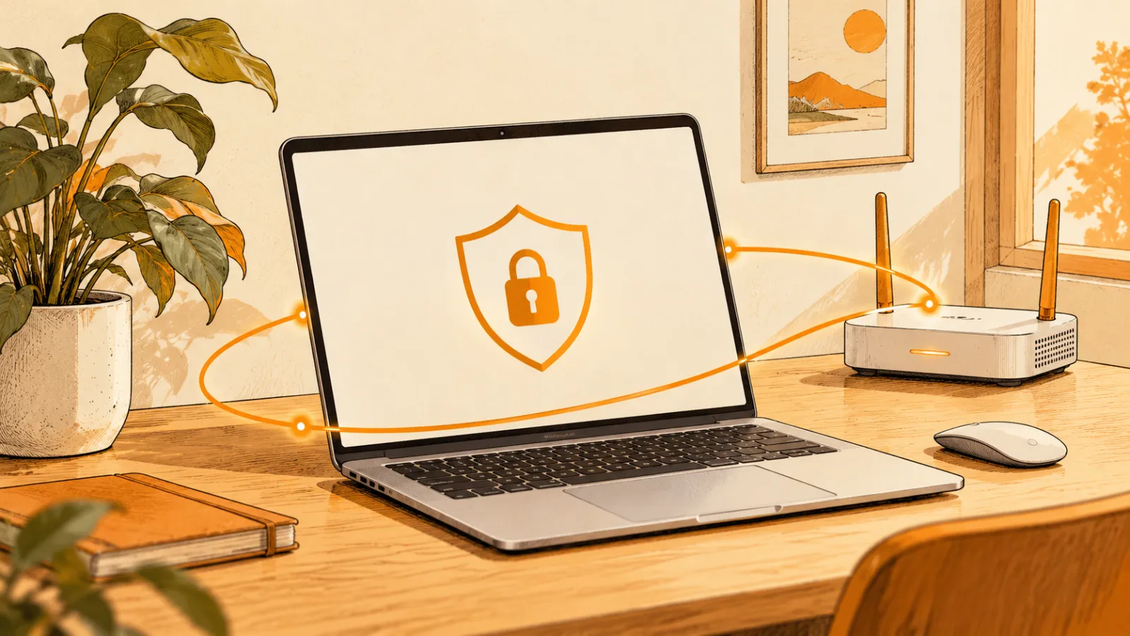 A MacBook showing a padlock shield, linked to a Wi-Fi router on a sunny desk