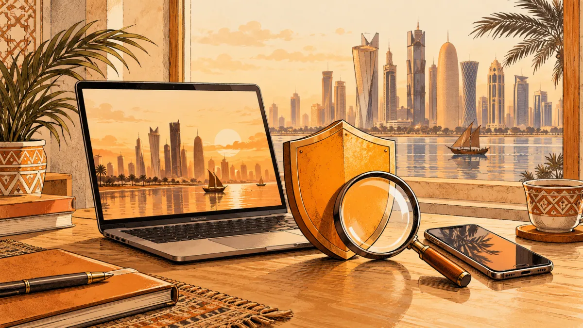 A laptop and phone beside a shield