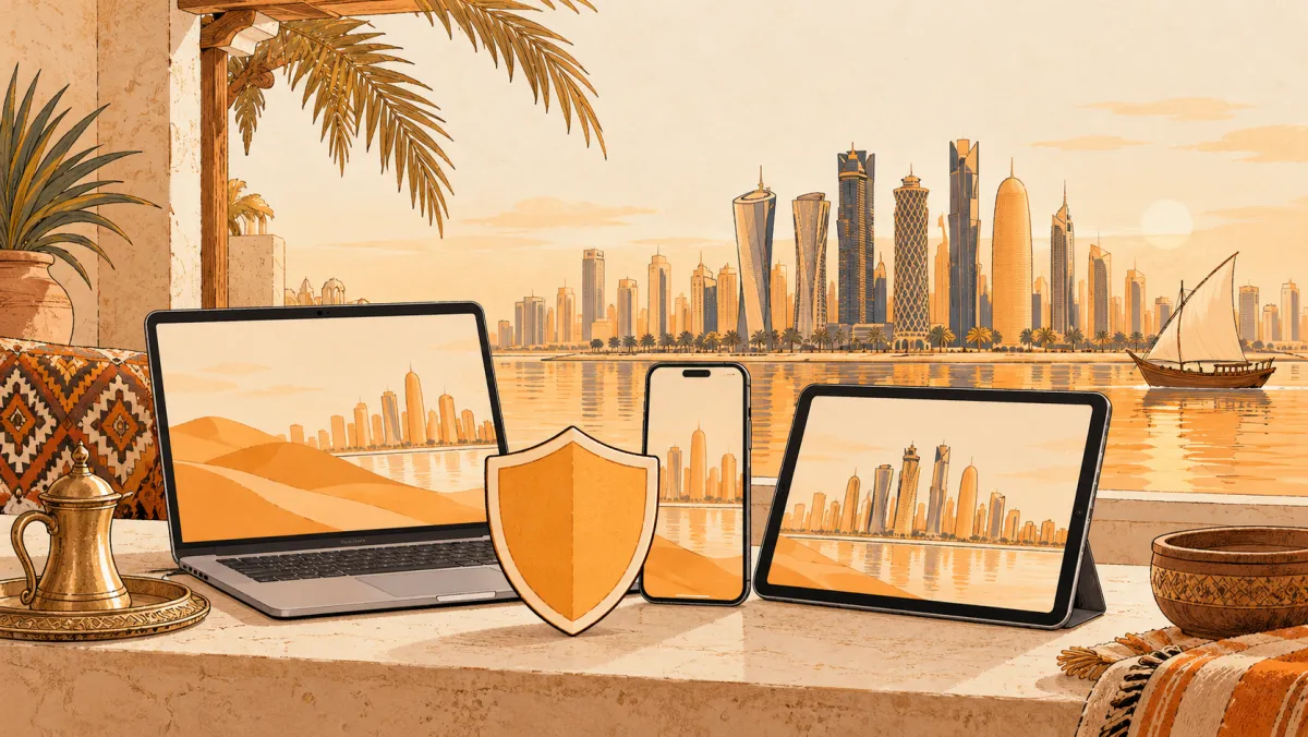 A laptop, tablet and phone beside a shield