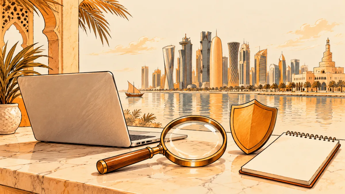 A laptop, magnifying glass and shield