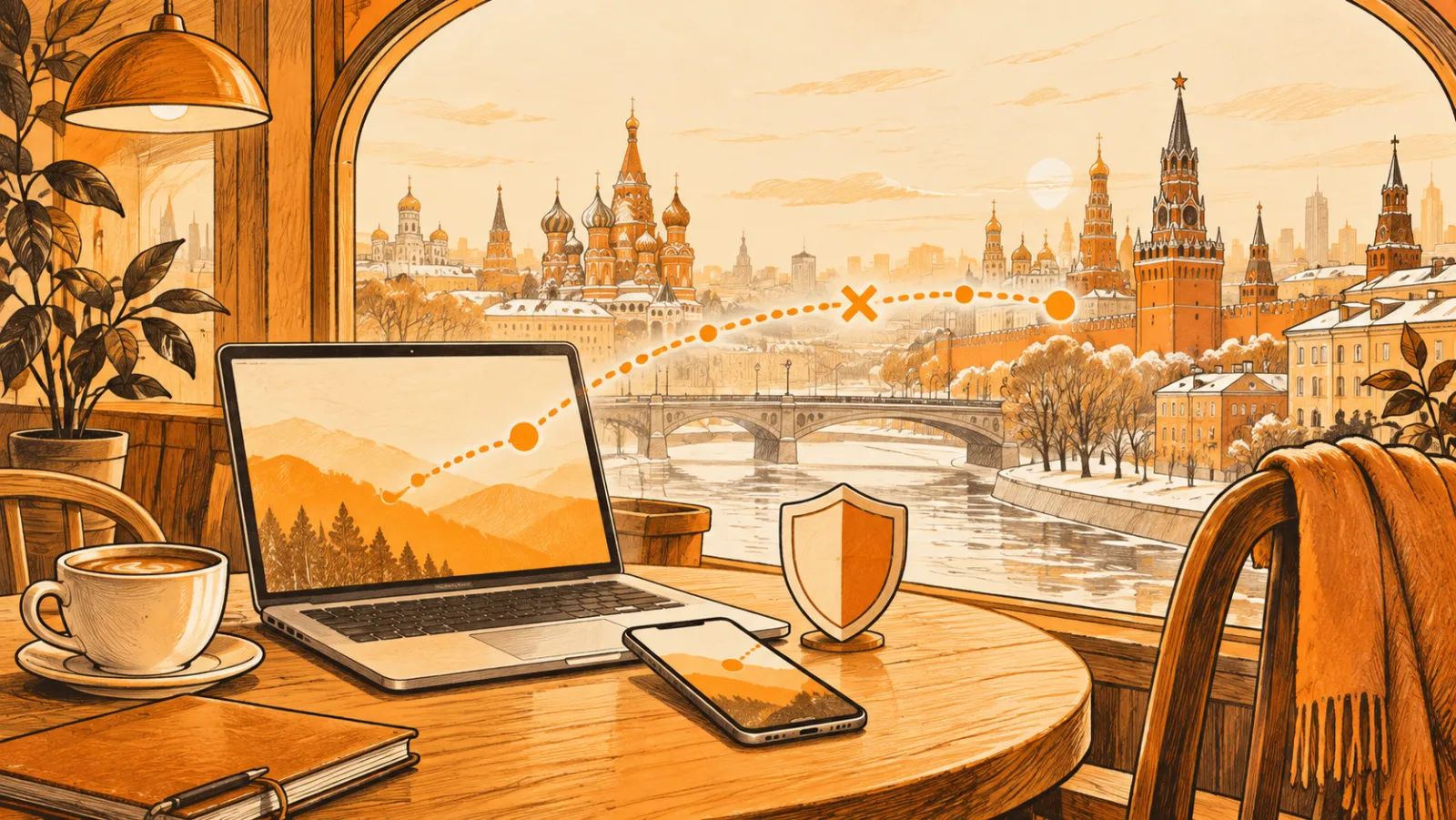 Un ordinateur portable et un téléphone avec un bouclier sur une table, le Kremlin et ses bulbes visibles par la fenêtre