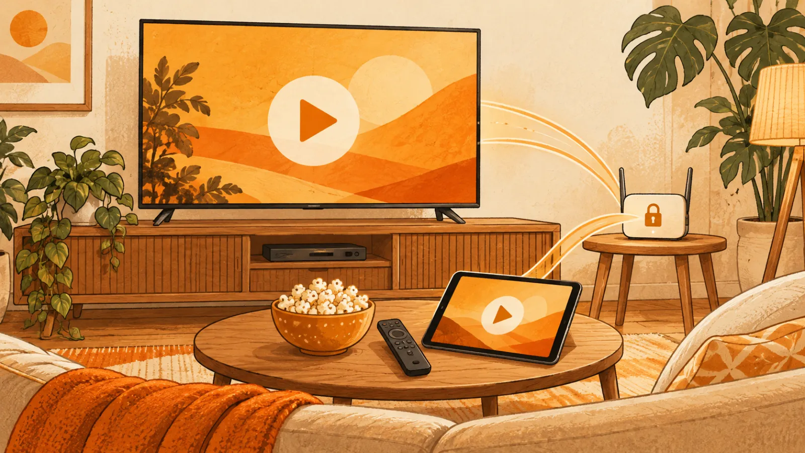 A living room with a TV and tablet playing video, a bowl of popcorn and a router on the side table