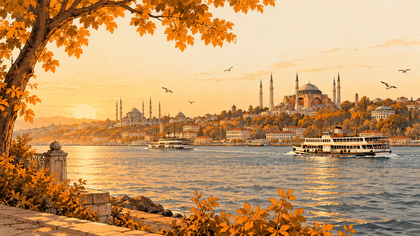 A ferry on the Bosphorus at sunset with the mosques of Istanbul on the shore