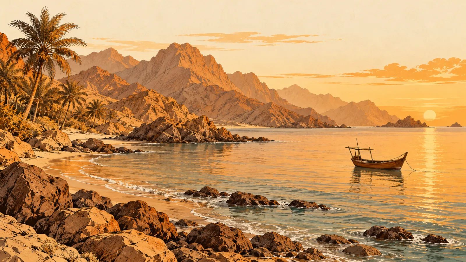 夕阳下阿联酋海岸，独桅帆船停在岩山脚下平静的海面上