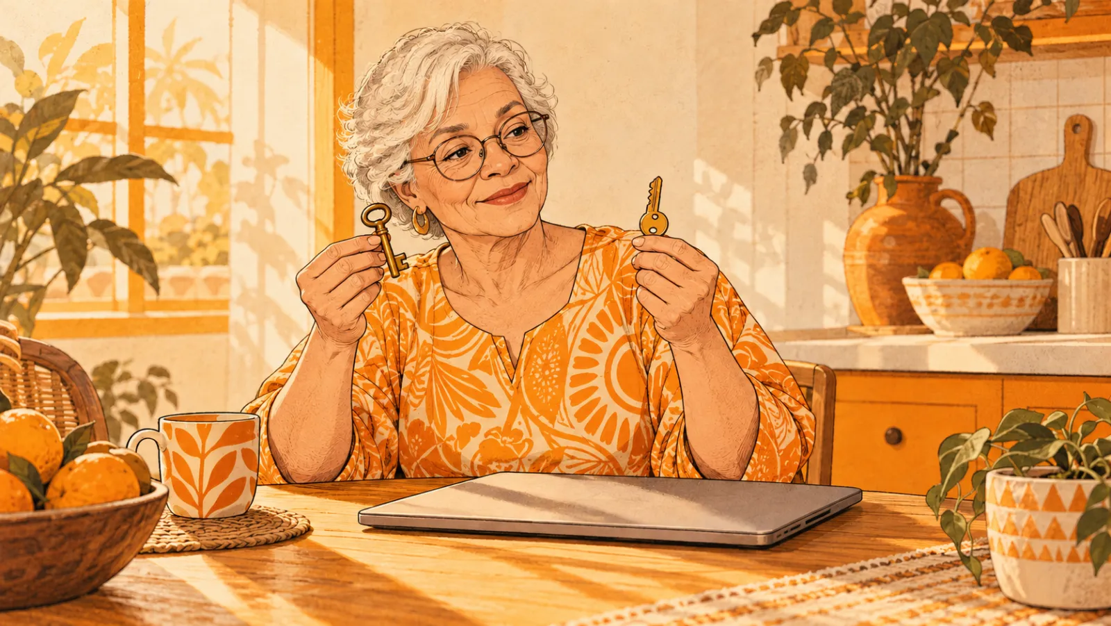 An older woman at her kitchen table holding up two different keys