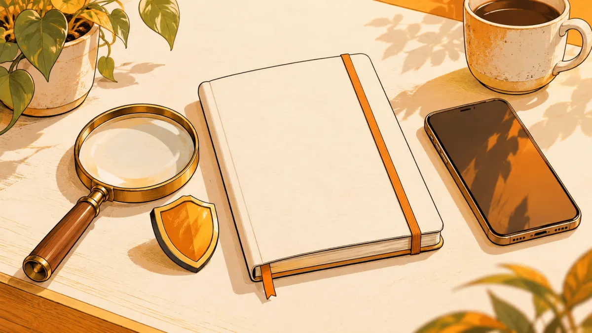 A magnifying glass beside a notebook and phone