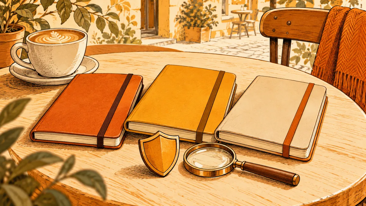 Three notebooks beside a magnifying glass