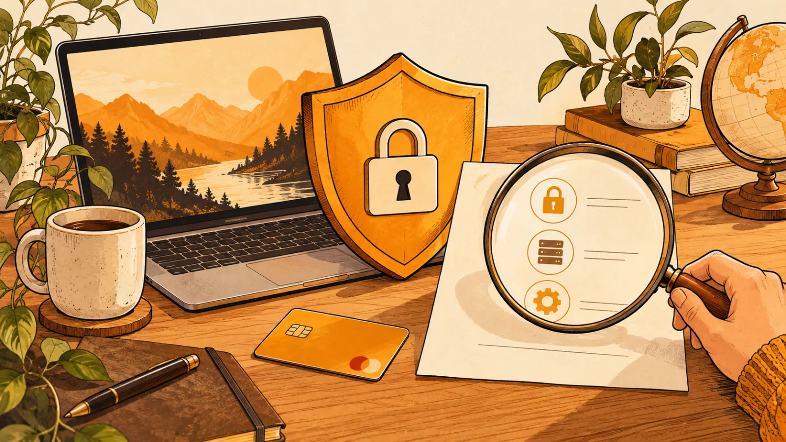 A laptop, a padlock shield and a magnifying glass over a checklist on a desk