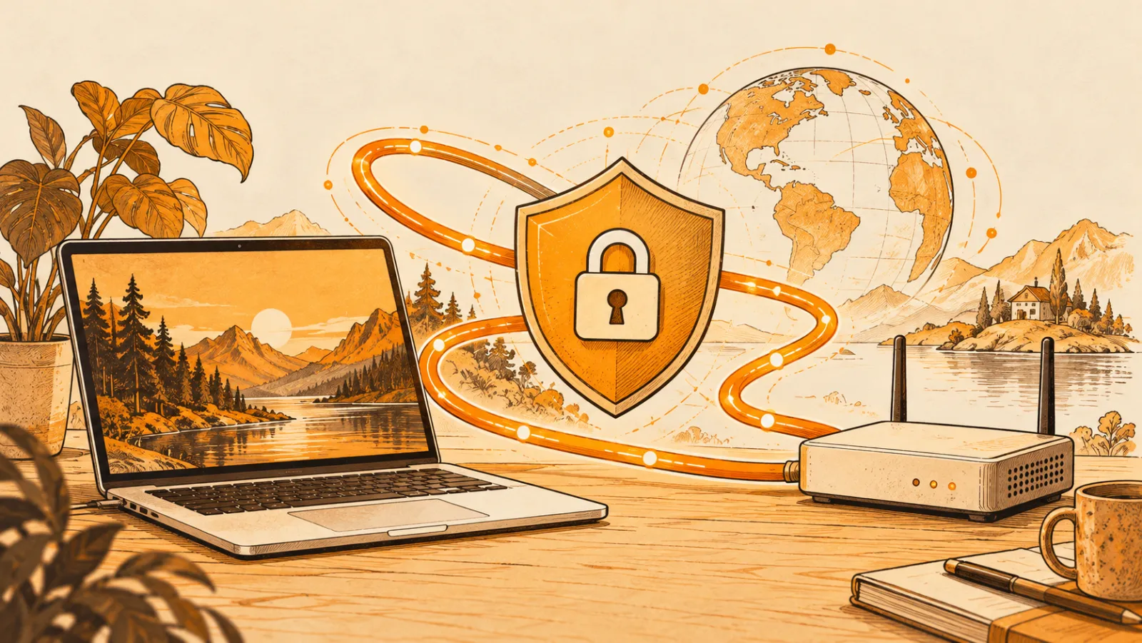 A laptop and a router joined by a looping cable around a padlock shield, with a globe behind