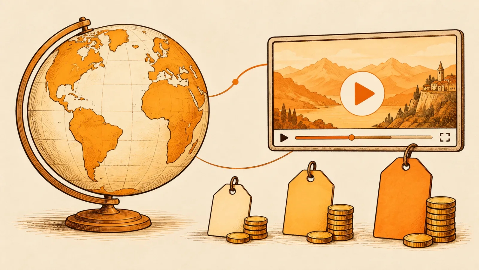 A globe next to a video player and three price tags of different sizes with stacks of coins