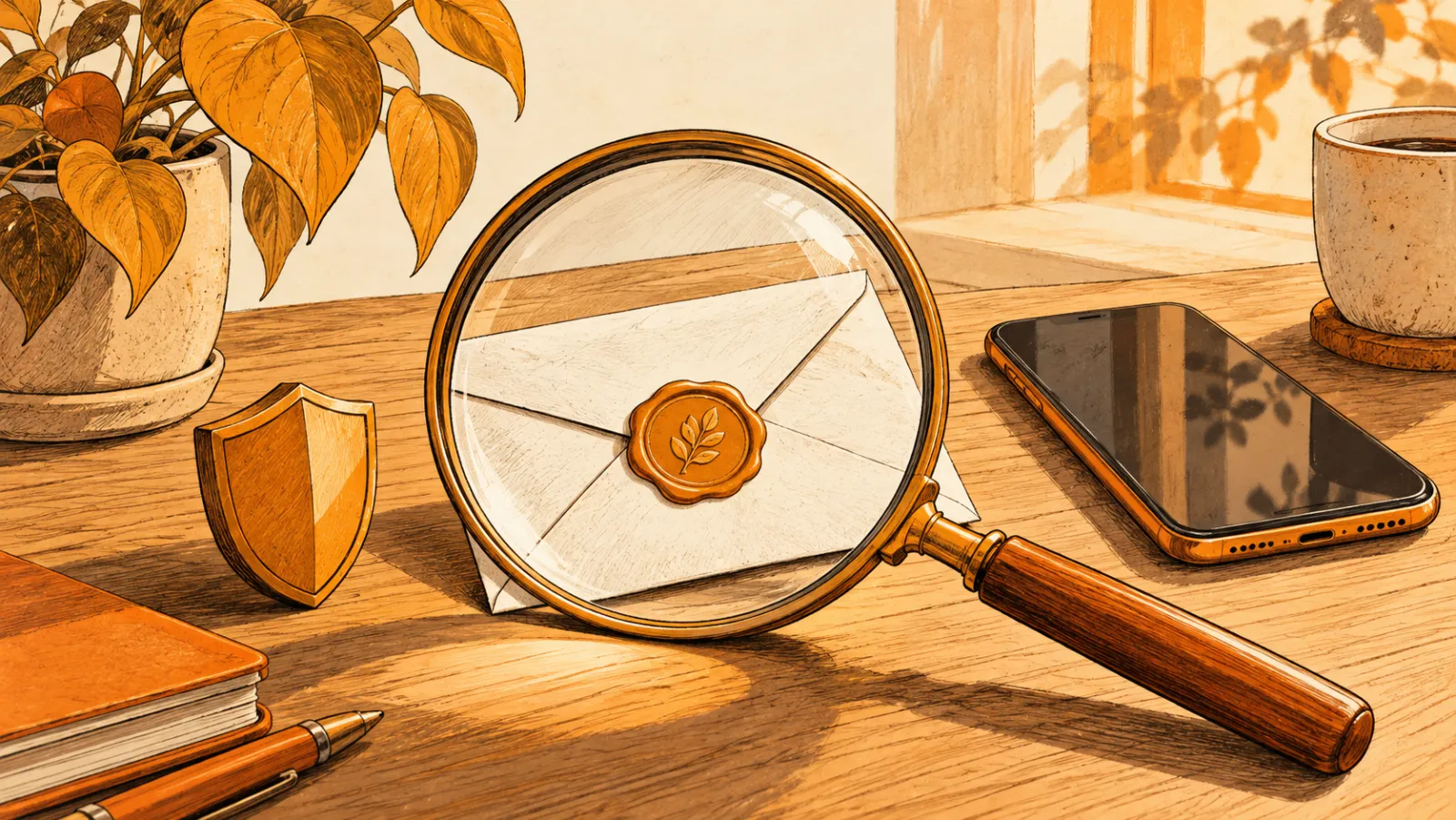 A magnifying glass over a sealed envelope on a desk, next to a phone and a shield
