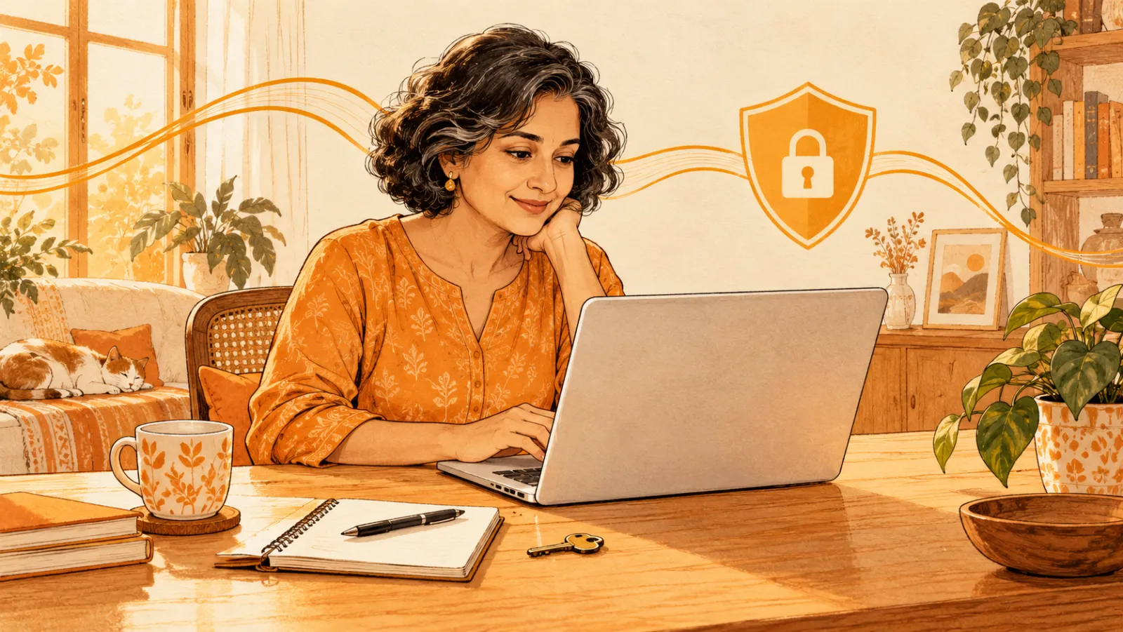 A woman working on her laptop at home, with a padlock shield above the desk