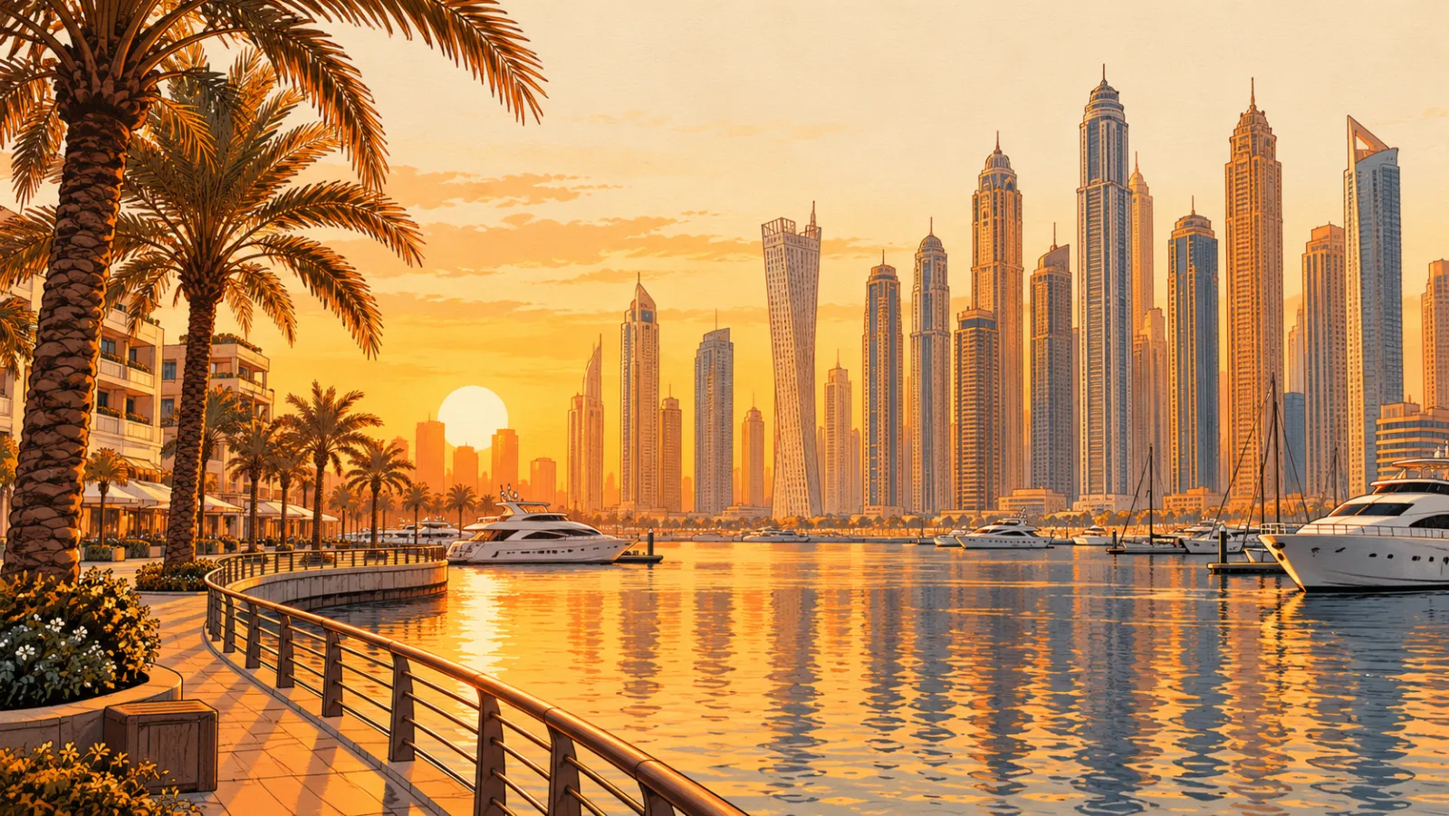 Dubai Marina at sunset, with yachts below the skyscrapers