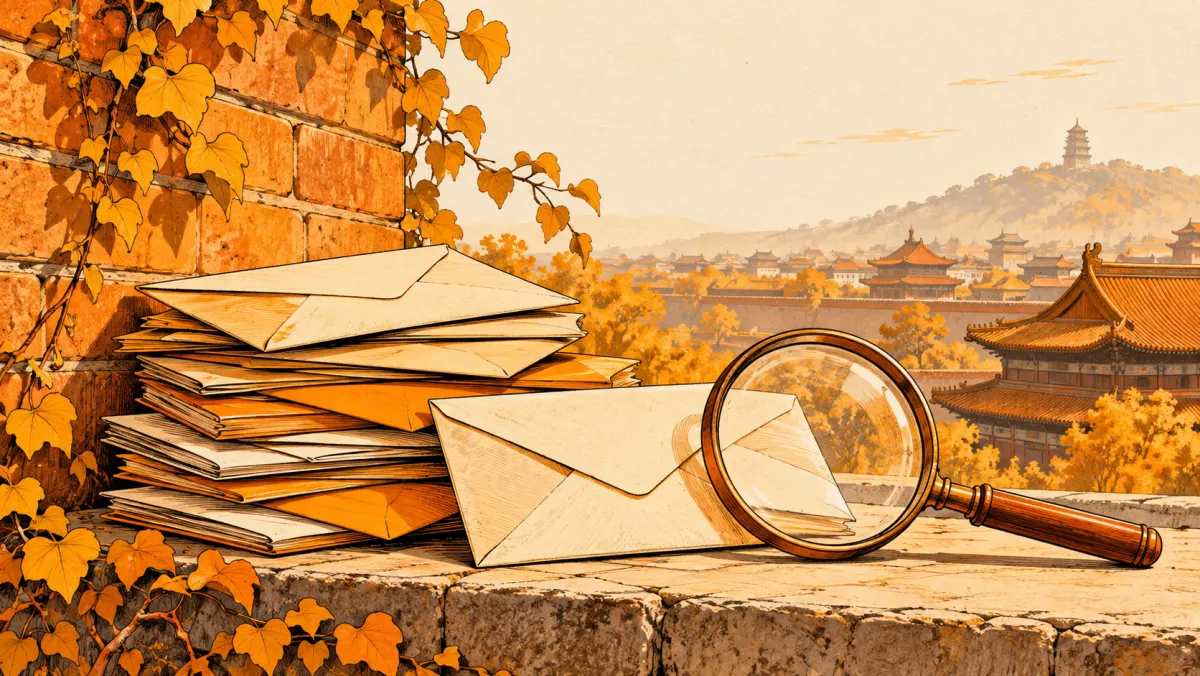Envelopes and a magnifying glass beside a wall