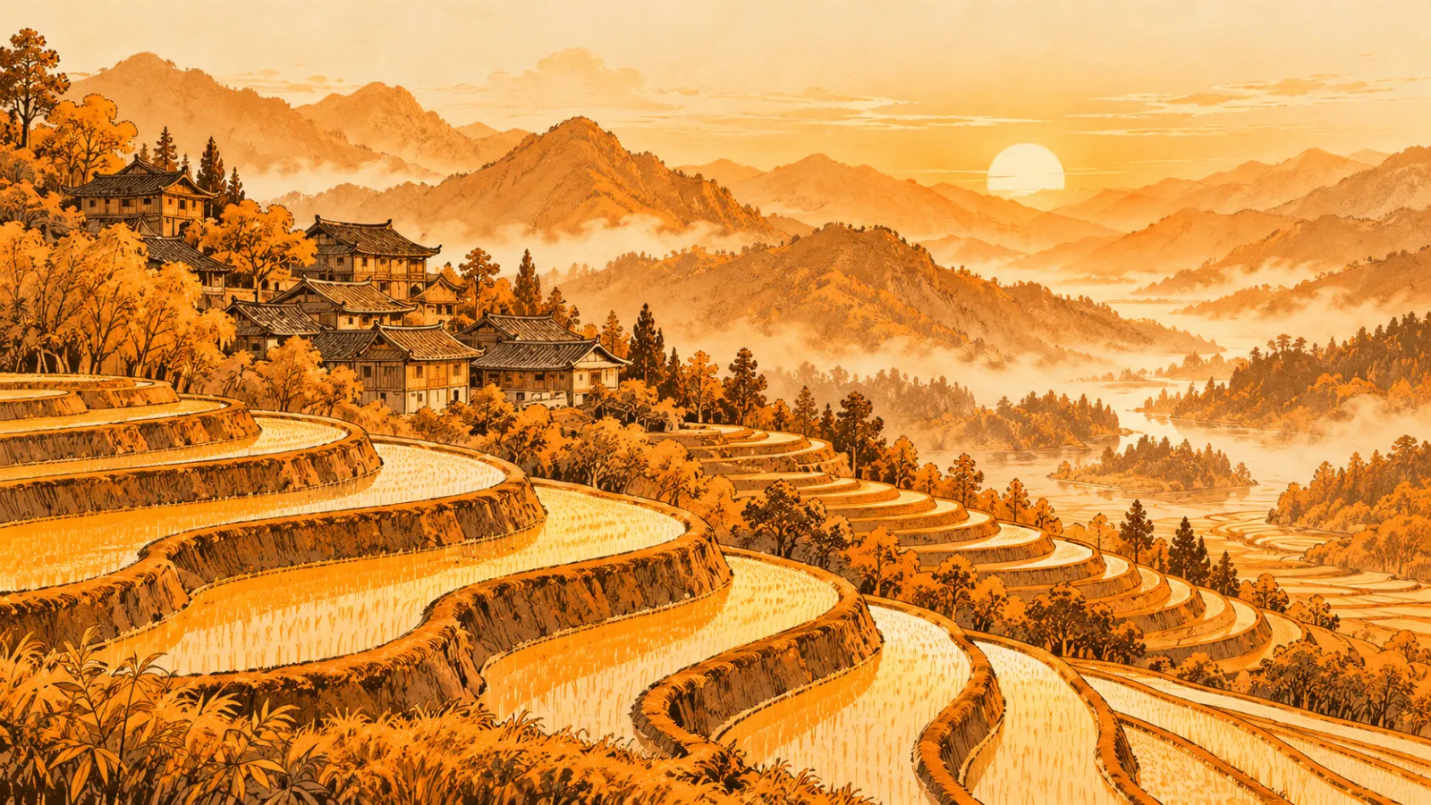 Terraced hills and a mountain village in China at sunrise