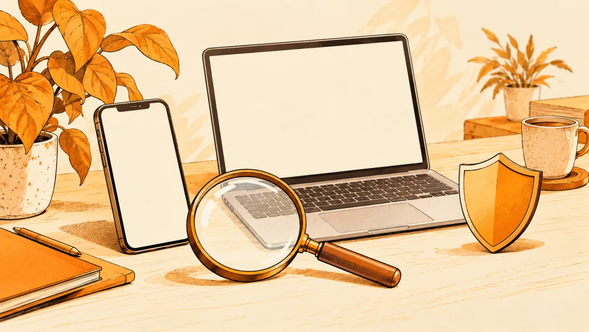 A phone, laptop and magnifying glass on a desk