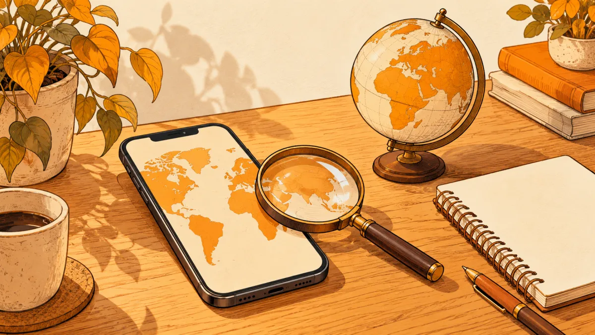 A phone, magnifying glass and globe beside a notebook