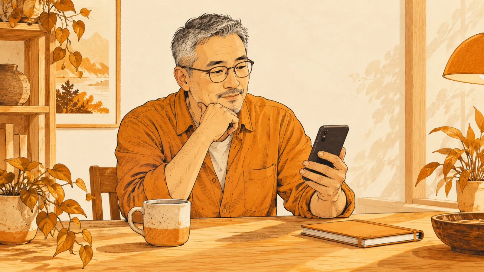 A man with glasses checks his phone thoughtfully at a table