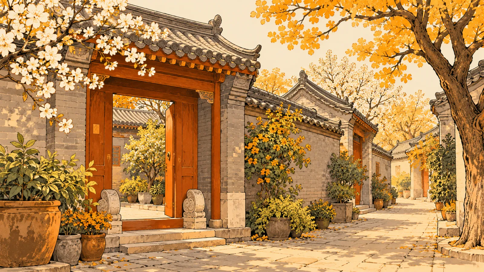 Une ruelle traditionnelle d’un hutong de Pékin, avec un portail rouge et des arbres en fleurs