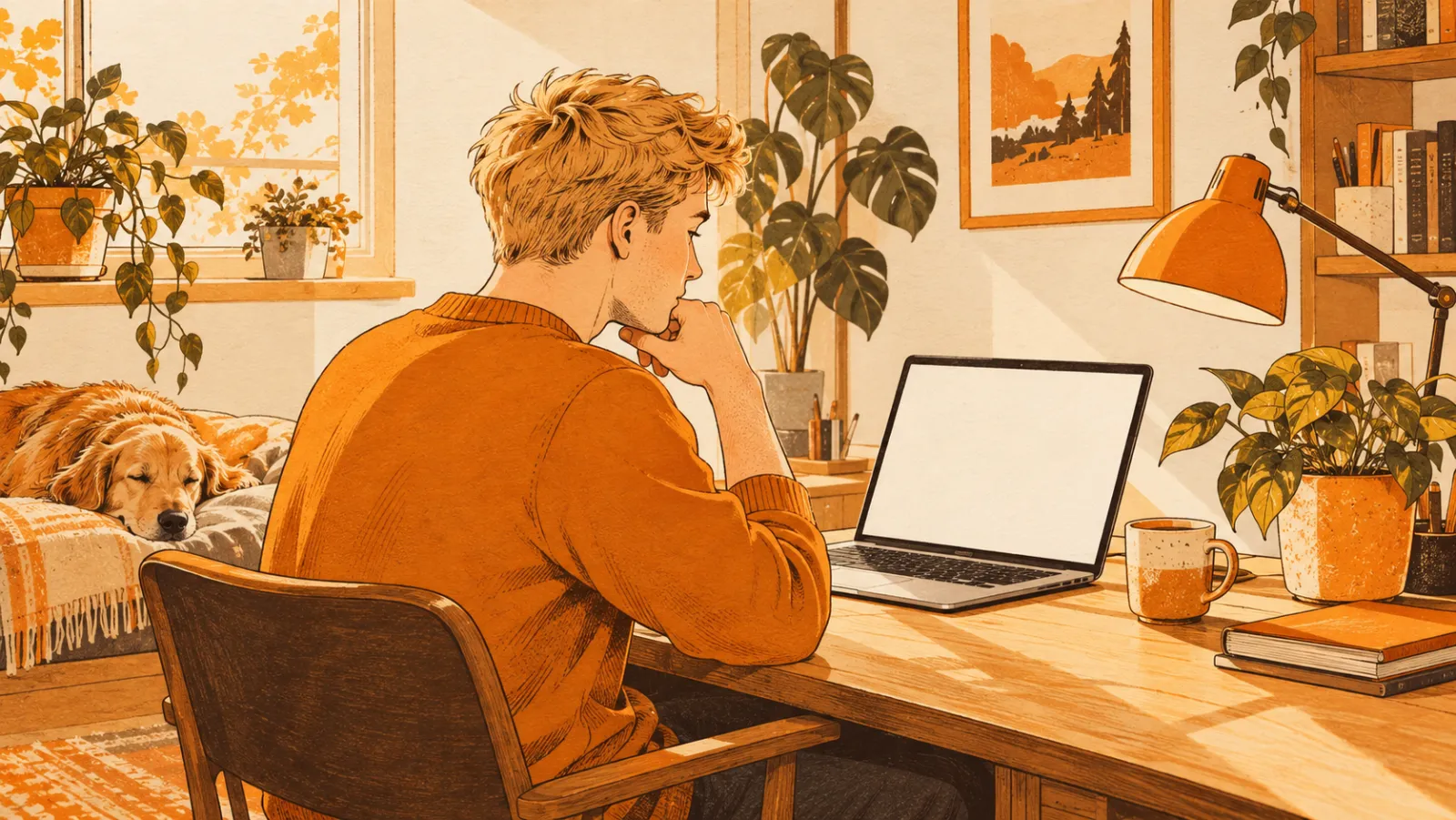 شاب ينتظر أمام حاسوبه المحمول على مكتبه، وكلبه نائم خلفه