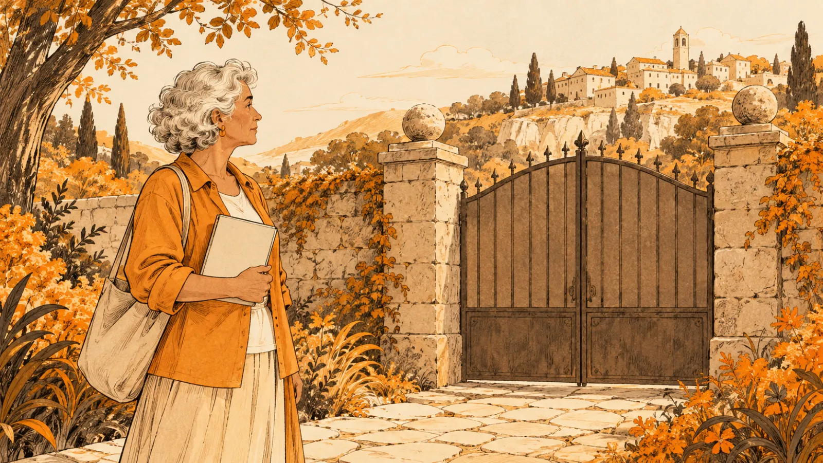 A woman with a tablet stands before a closed iron gate in a stone wall, a hill town beyond