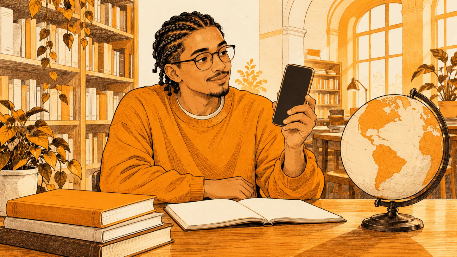 شاب في مكتبة يرفع هاتفه، وبجانبه كرة أرضية على المكتب