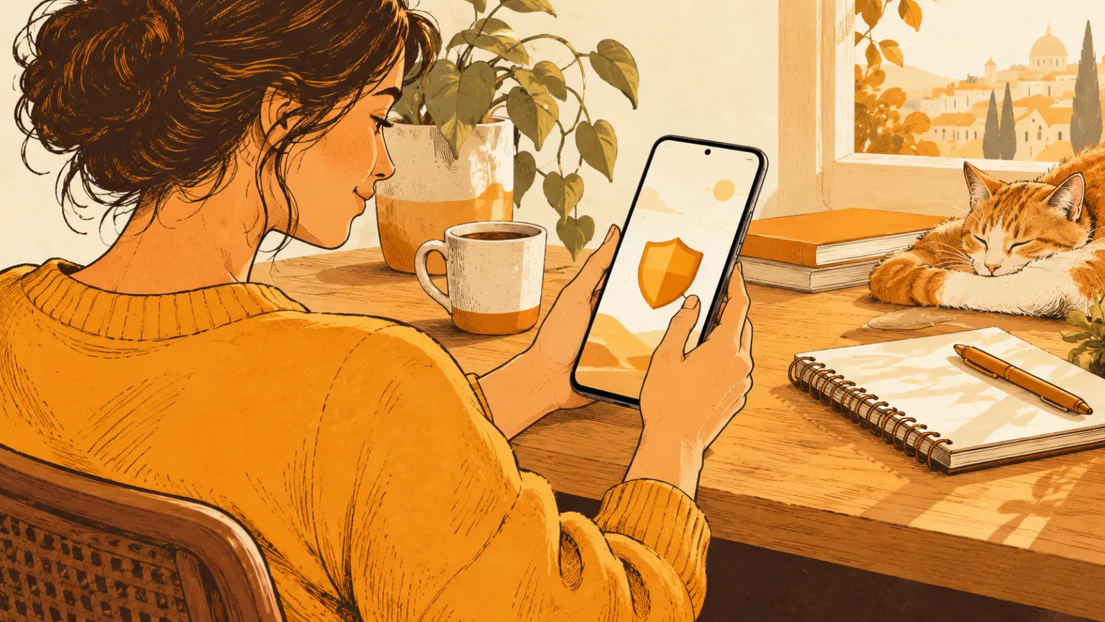 A woman holds an Android phone showing a shield, a cat asleep on the desk